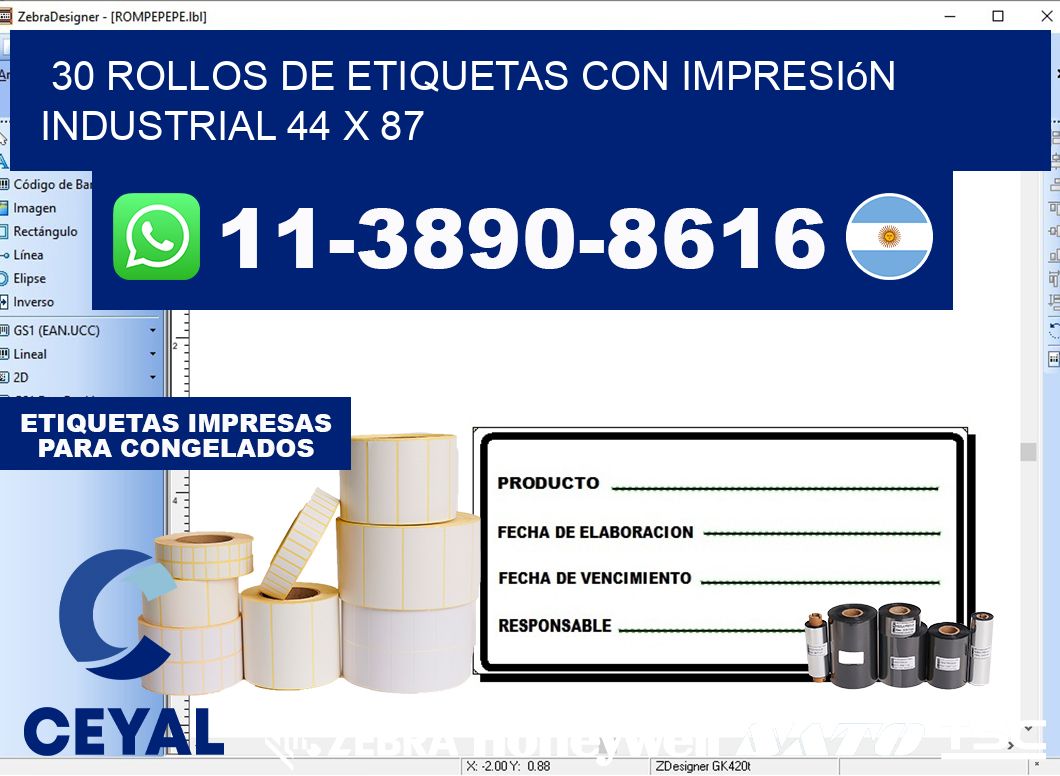 30 rollos de etiquetas con impresión industrial 44 x 87