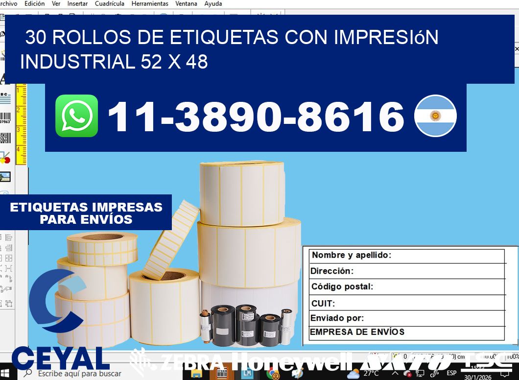 30 rollos de etiquetas con impresión industrial 52 x 48