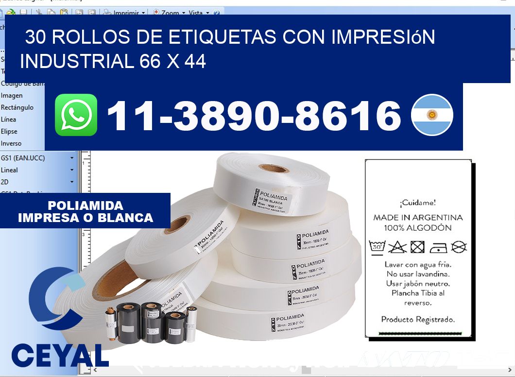 30 rollos de etiquetas con impresión industrial 66 x 44
