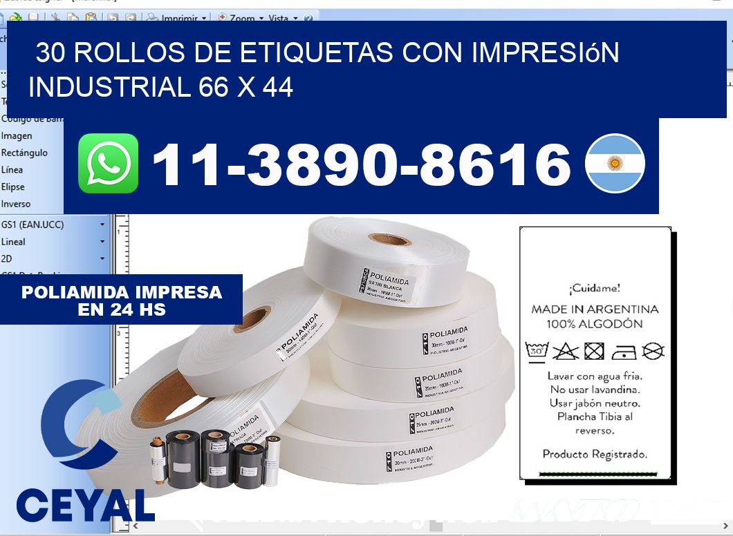 30 rollos de etiquetas con impresión industrial 66 x 44