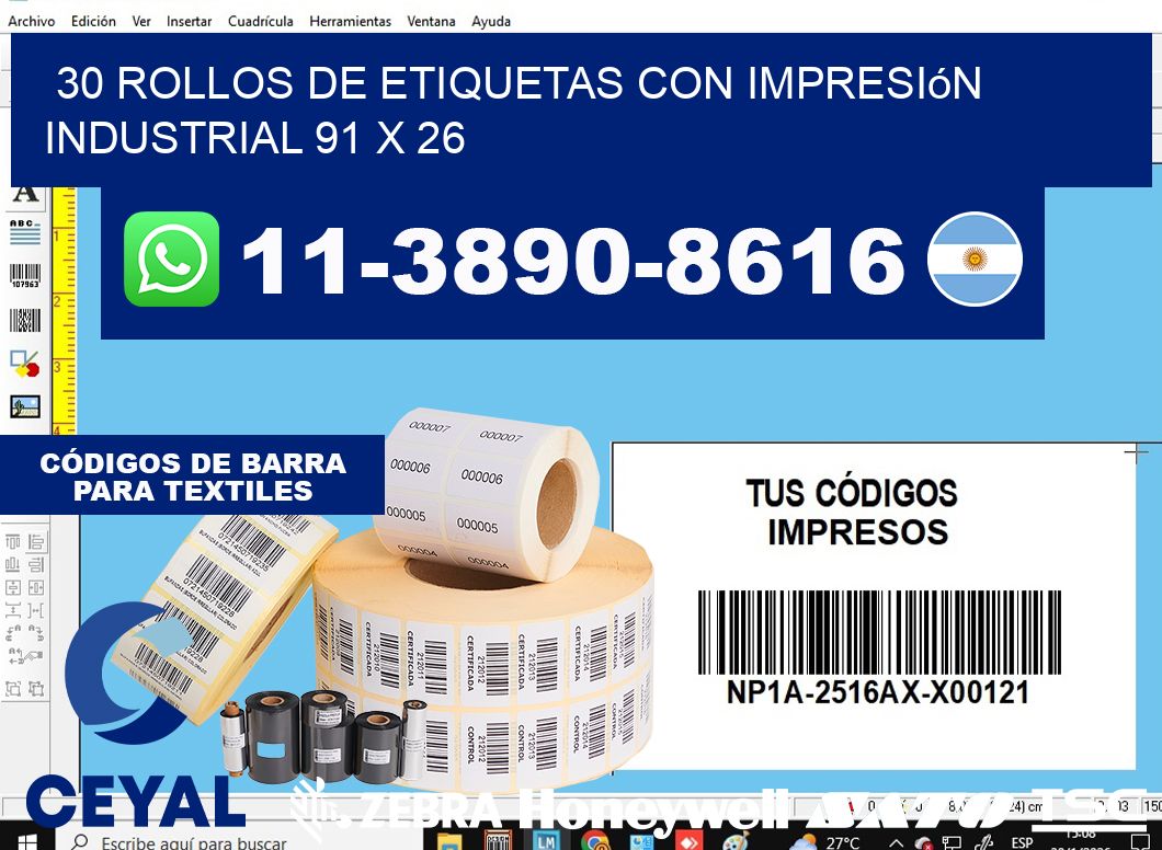 30 rollos de etiquetas con impresión industrial 91 x 26