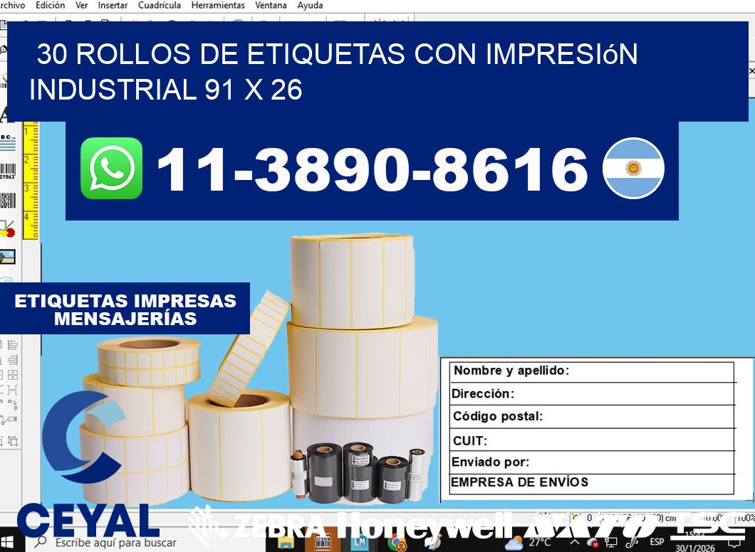 30 rollos de etiquetas con impresión industrial 91 x 26