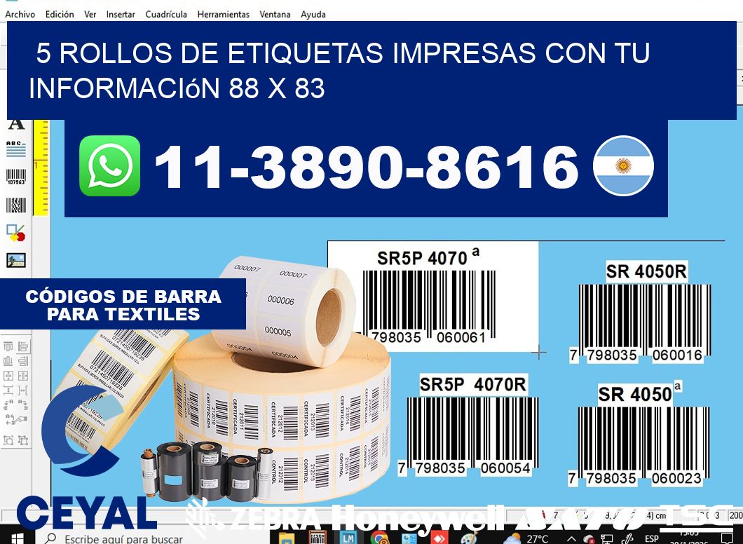 5 rollos de etiquetas impresas con tu información 88 x 83
