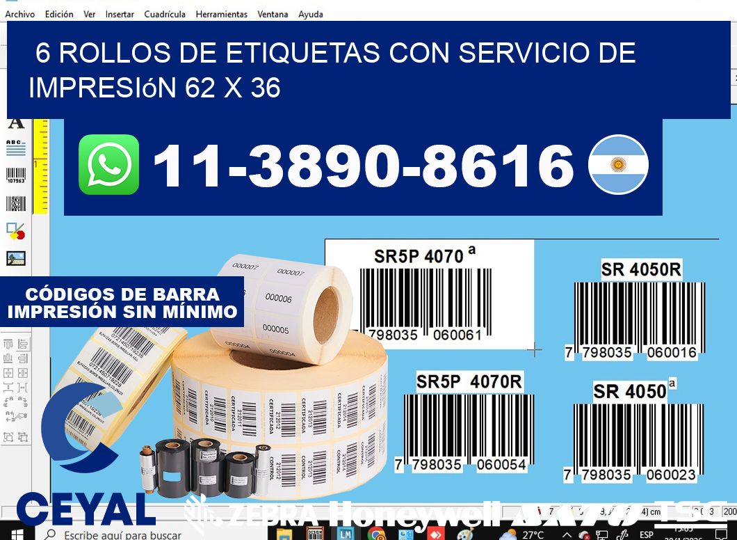 6 rollos de etiquetas con servicio de impresión 62 x 36