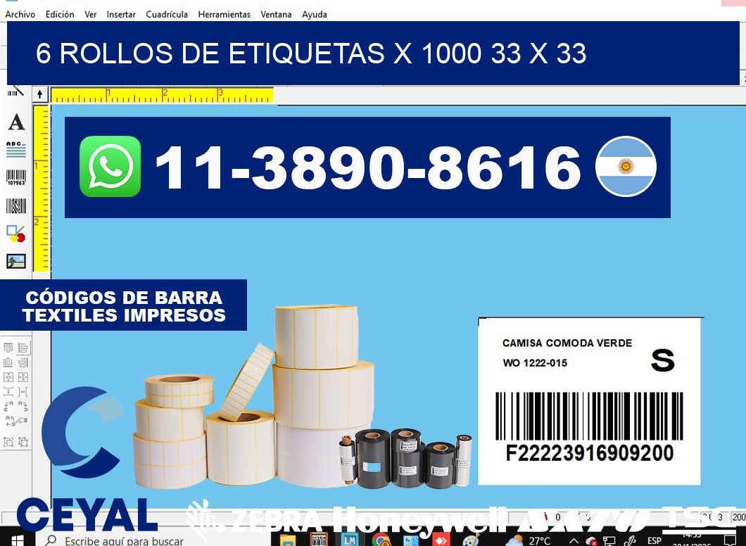 6 rollos de etiquetas x 1000 33 x 33