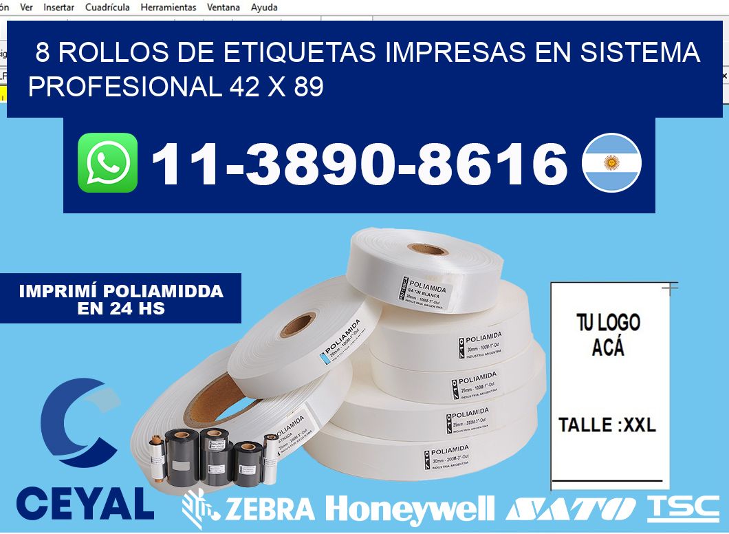 8 rollos de etiquetas impresas en sistema profesional 42 x 89