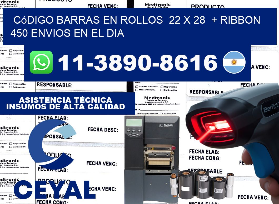 código barras en rollos  22 x 28  + ribbon  450 Envios en el dia