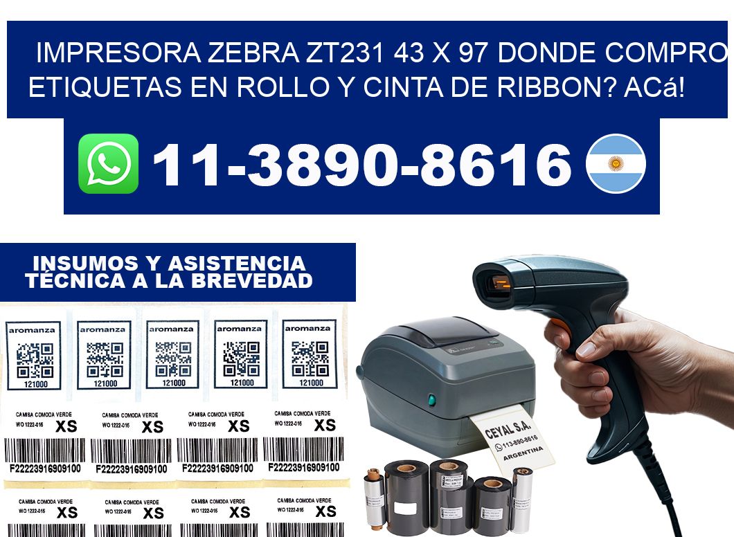 impresora zebra zt231 43 x 97 Donde compro etiquetas en rollo y cinta de ribbon? Acá!